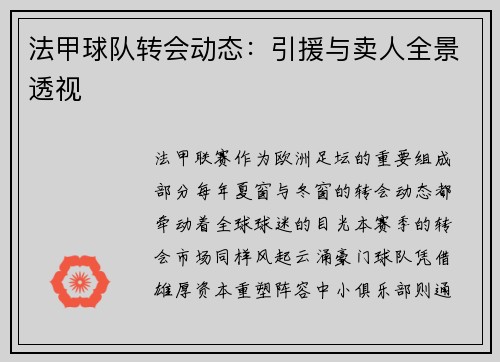 法甲球队转会动态：引援与卖人全景透视